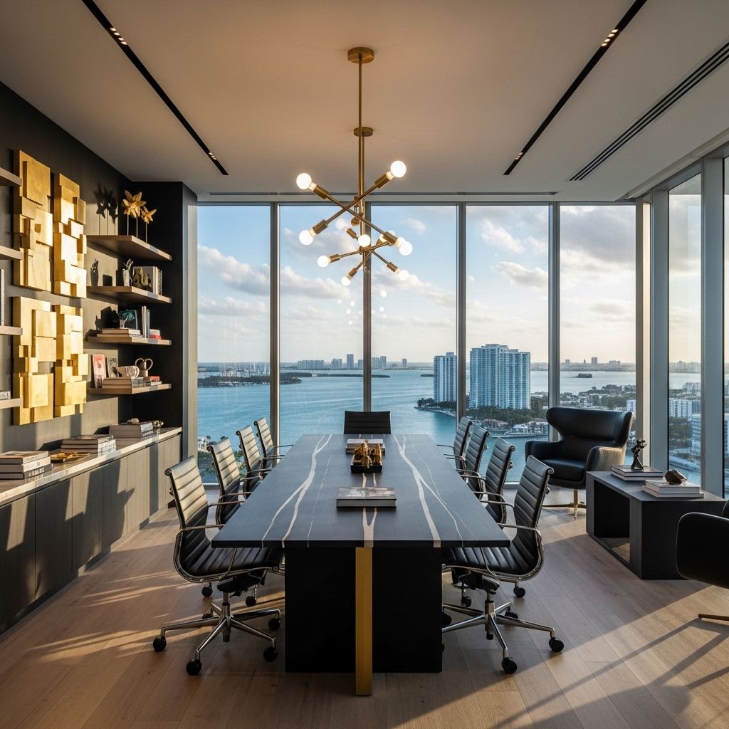 Редакционный офис Vireon в Майами с видом на Бискейский залив, современный интерьер с чёрными акцентами и золотыми деталями