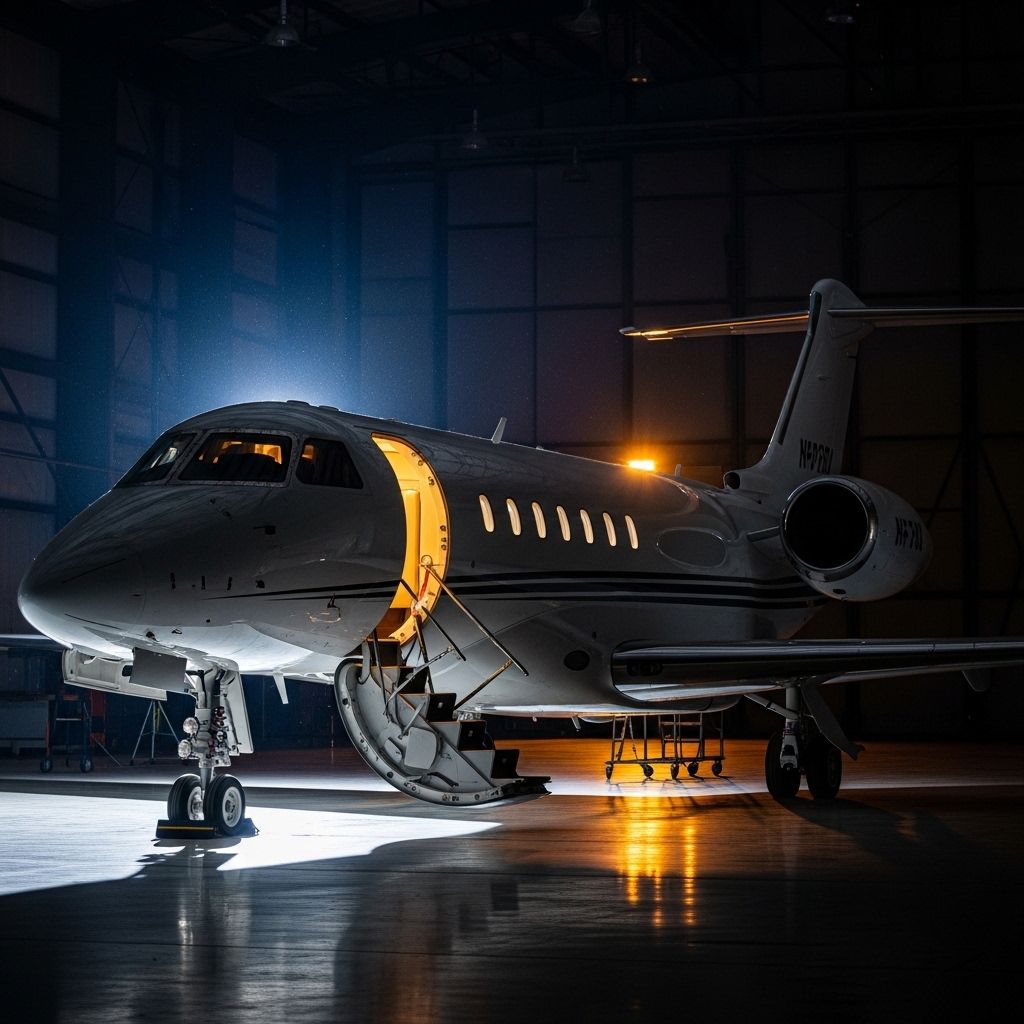 Частный реактивный самолёт Gulfstream G700 в ночном ангаре с интерьером из кожи и деревянных панелей