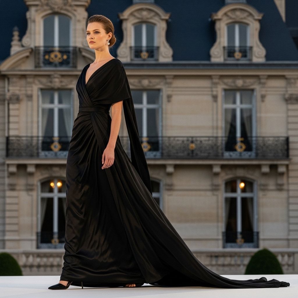 Модель в вечернем платье из чёрного шёлка Valentino на фоне колонн парижского особняка, ночное освещение