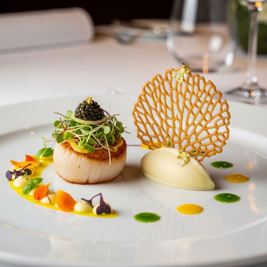 Блюдо высокой кухни с декоративными элементами и золотым листом на тёмной тарелке в ресторане с мишленовской звездой