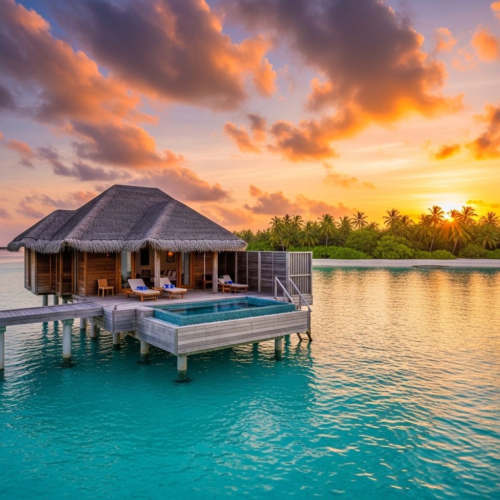 Роскошное бунгало над водой на Мальдивах на закате с оранжевым небом, частный бассейн и деревянная терраса