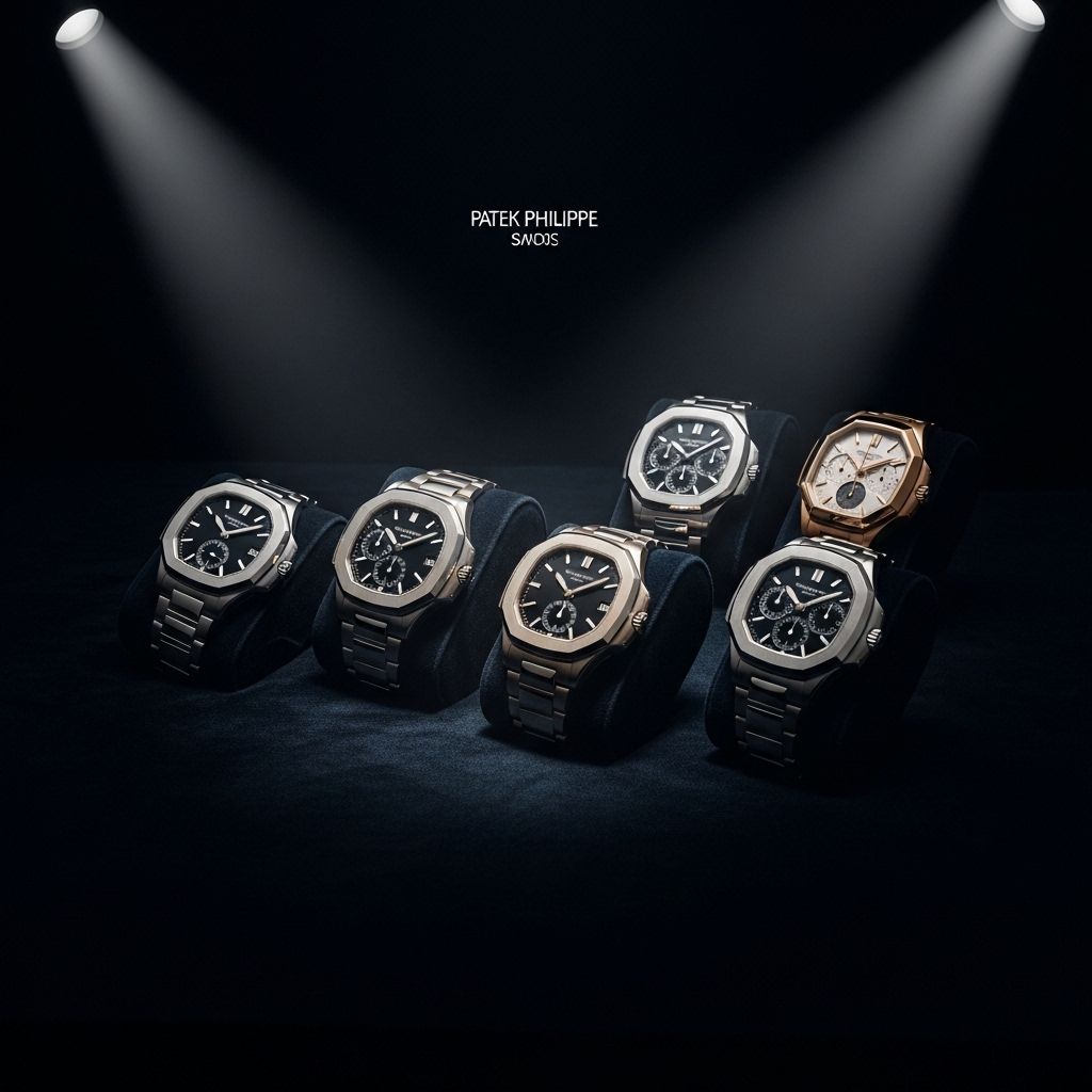 Коллекция элитных часов Patek Philippe и Audemars Piguet на чёрном бархате при точечном освещении