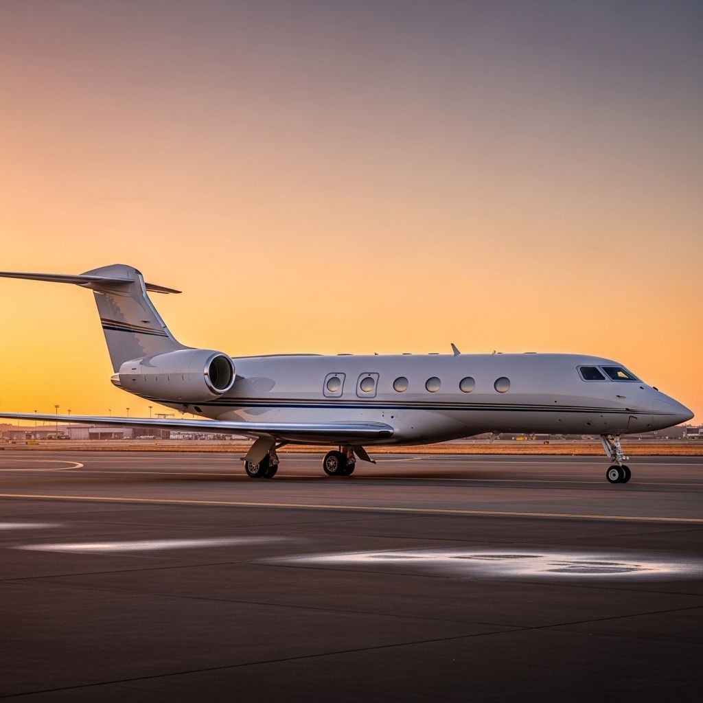 Белый бизнес-джет Gulfstream G700 на взлётно-посадочной полосе аэропорта в закатных лучах, вид сбоку