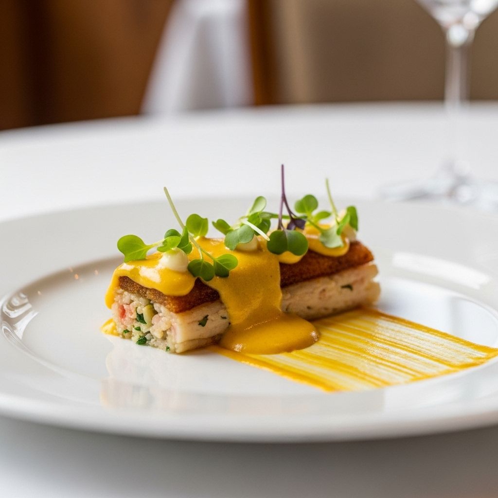 Изысканное блюдо высокой кухни с золотистым соусом и микрозеленью на белоснежной тарелке, ресторан со звёздами Michelin