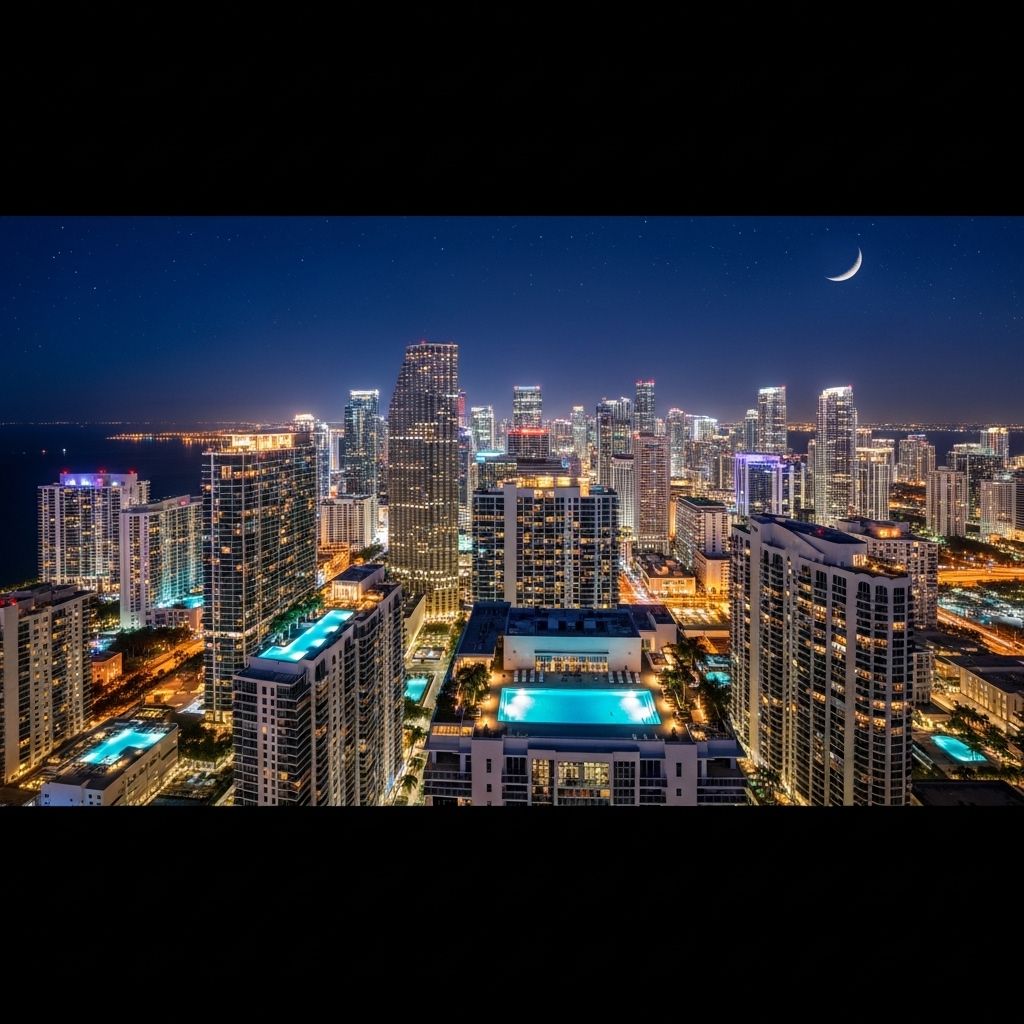 Панорамный вид на ночной Майами с небоскрёбами и освещёнными бассейнами на крышах элитных кондоминиумов